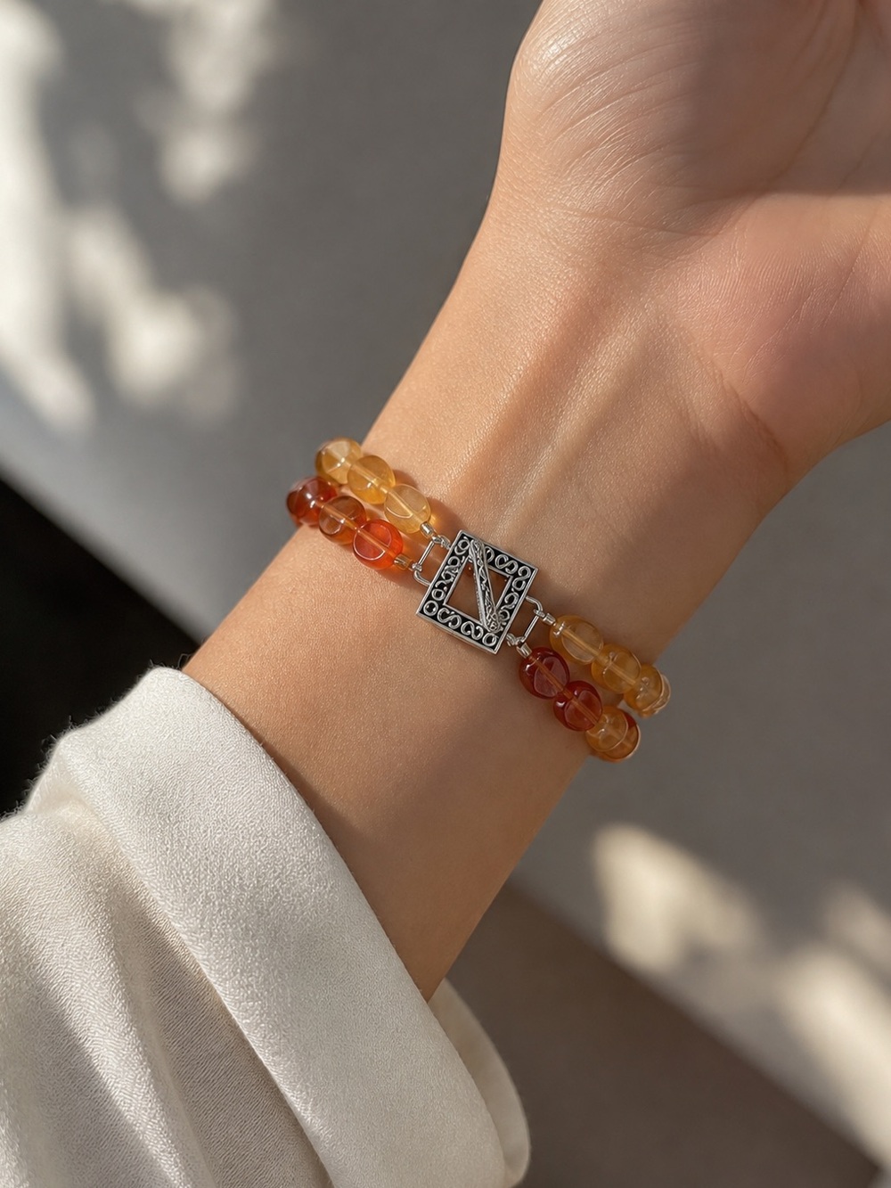 Citrine Double Strand bracelet with carved silver clasp. Measures 8”laying flat